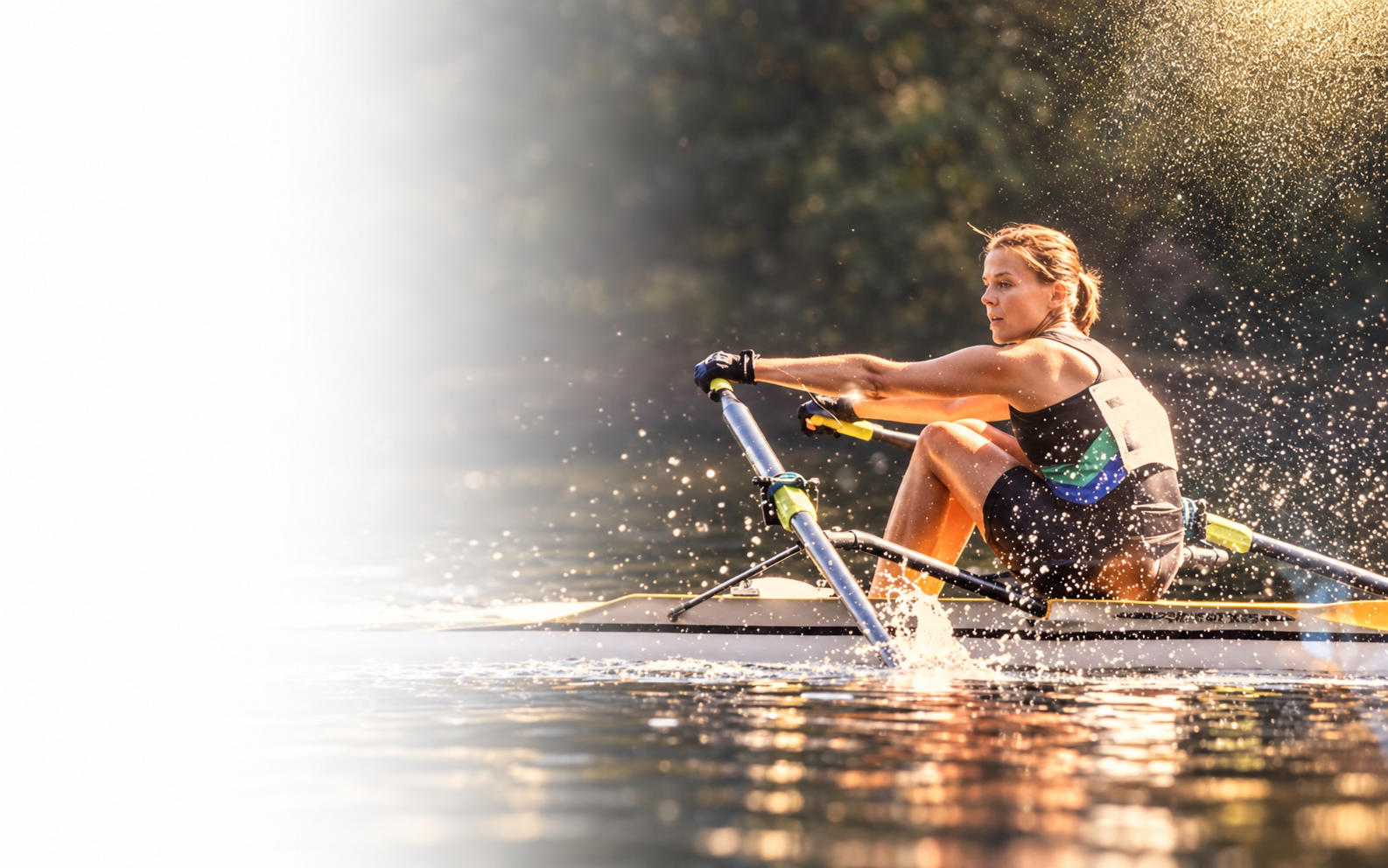 A rower moving across sunlit water